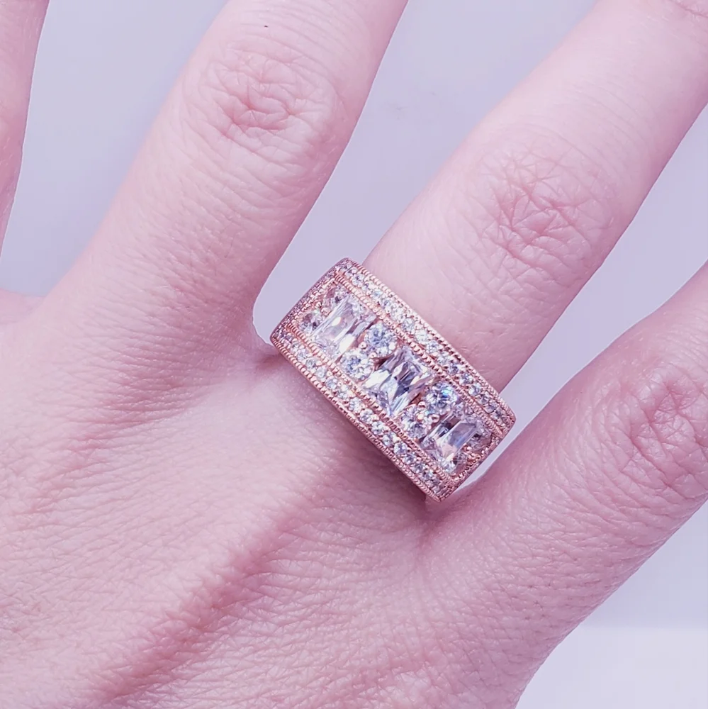 18k Rose Gold - 925 Sterling Silver Diamond Simulants Band Ring